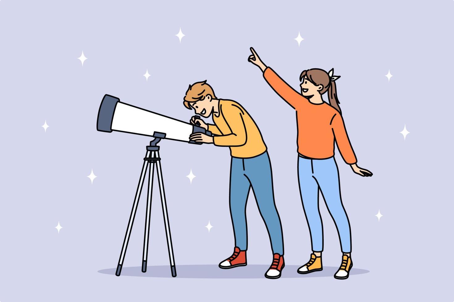 Astronomy and looking at stars concept. Smiling kids children boy and girl standing pointing at sky using telescope to watch space vector illustration