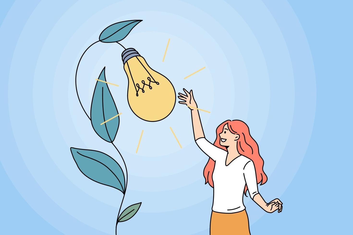 Motivated young woman grow creative business idea, caress lightbulb come from flower. Happy girl brainstorm develop strategy or startup. Creativity, inspiration. Vector illustration.