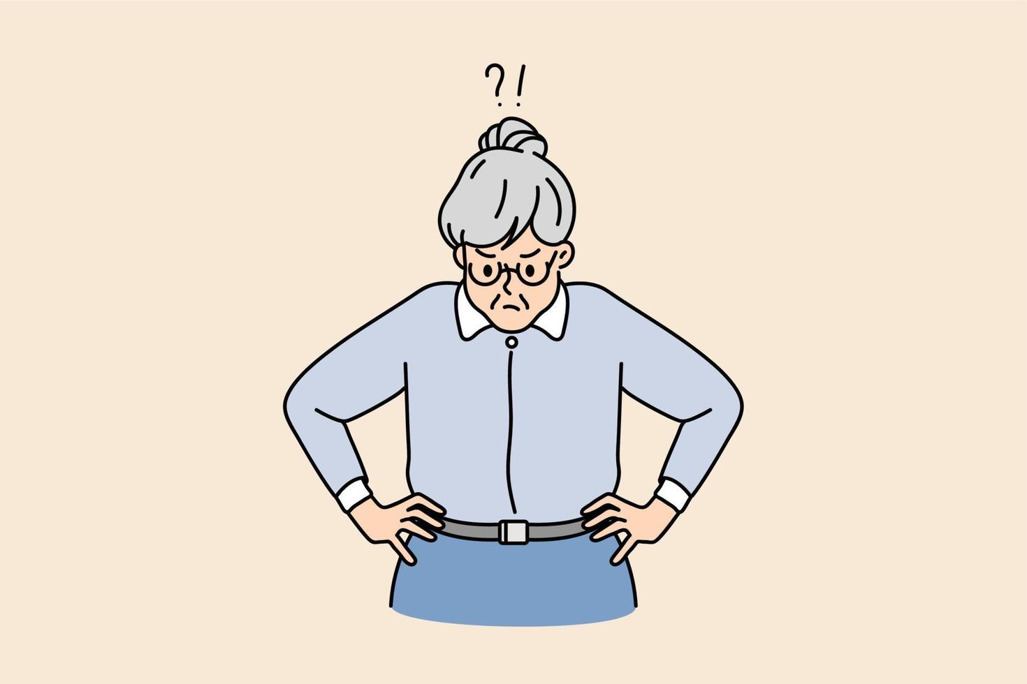 Angry old Caucasian woman teacher feel frustrated confused with school problems. Unhappy mad senior grandmother displeased dissatisfied with life. Maturity concept. Flat vector illustration.