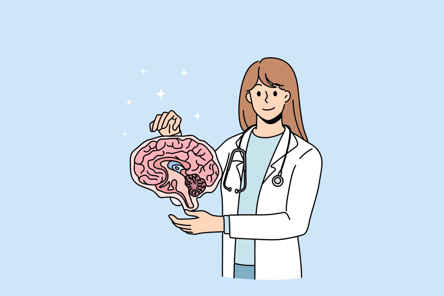 Smiling neurology surgeon hold human brain model examine body organ. Happy neuroscientist do research clinical investigation. Diagnostics and treatment concept. Flat vector illustration.