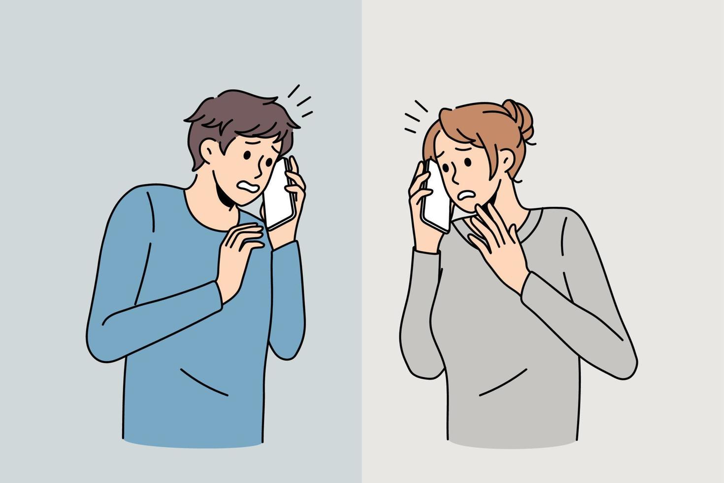 Scared man and woman talk on cellphone feel anxiety with communication. Frightened people have smartphone call, afraid of public speaking. Introvert communicate. Vector illustration.