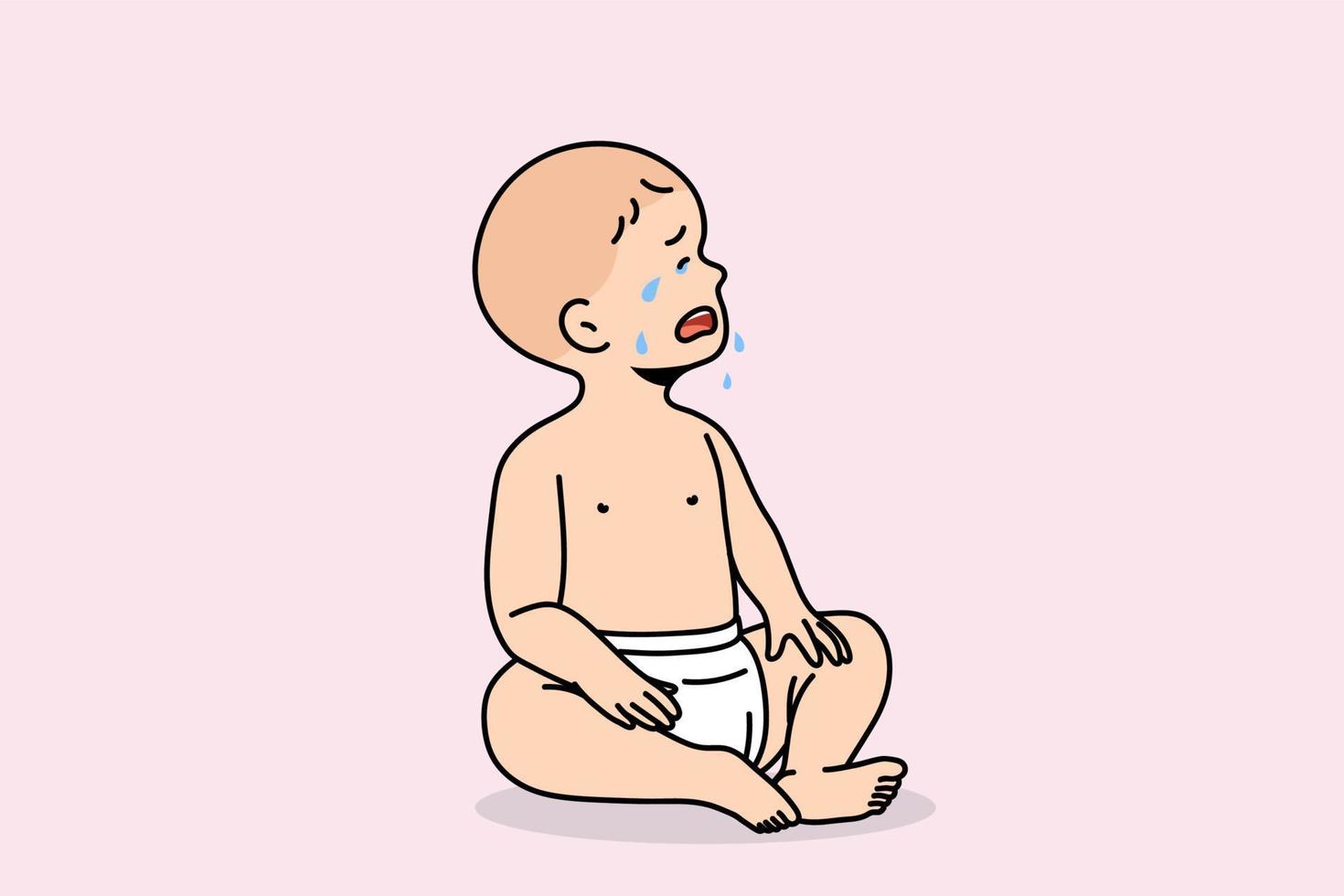 Upset small newborn baby burst in tears have drama. Unhappy little toddle kid cry with mouth wide open, need parent attention. Childcare concept. Children problem. Parenting. Vector illustration.