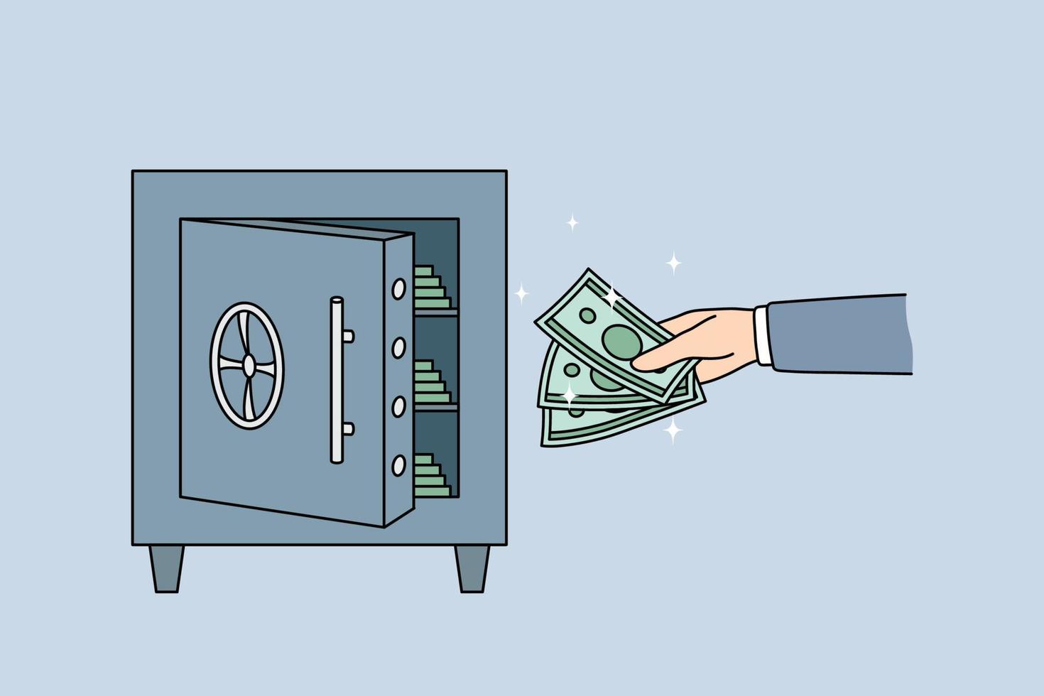 Man put money into vault make investment for future. Male investor save cash in protected strongbox. Saving and banking. Finance stability concept. Credit and deposit. Vector illustration.