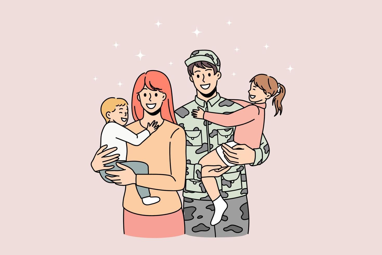 familia joven feliz conoce a papá del ejército emocionado de reunirse. sonriente madre militar con esposa e hijos pequeños. militar o soldado abraza a mujeres y niños. ilustración vectorial plana. vector