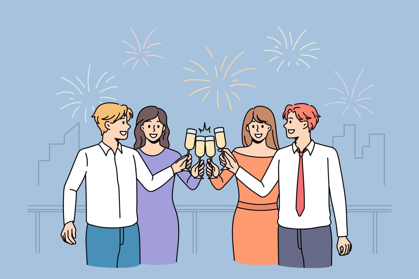 Overjoyed diverse young people hold glasses drink champagne cheers celebrate New Year together with fireworks. Happy friends enjoy party or celebration. Merry Christmas concept. Vector illustration.