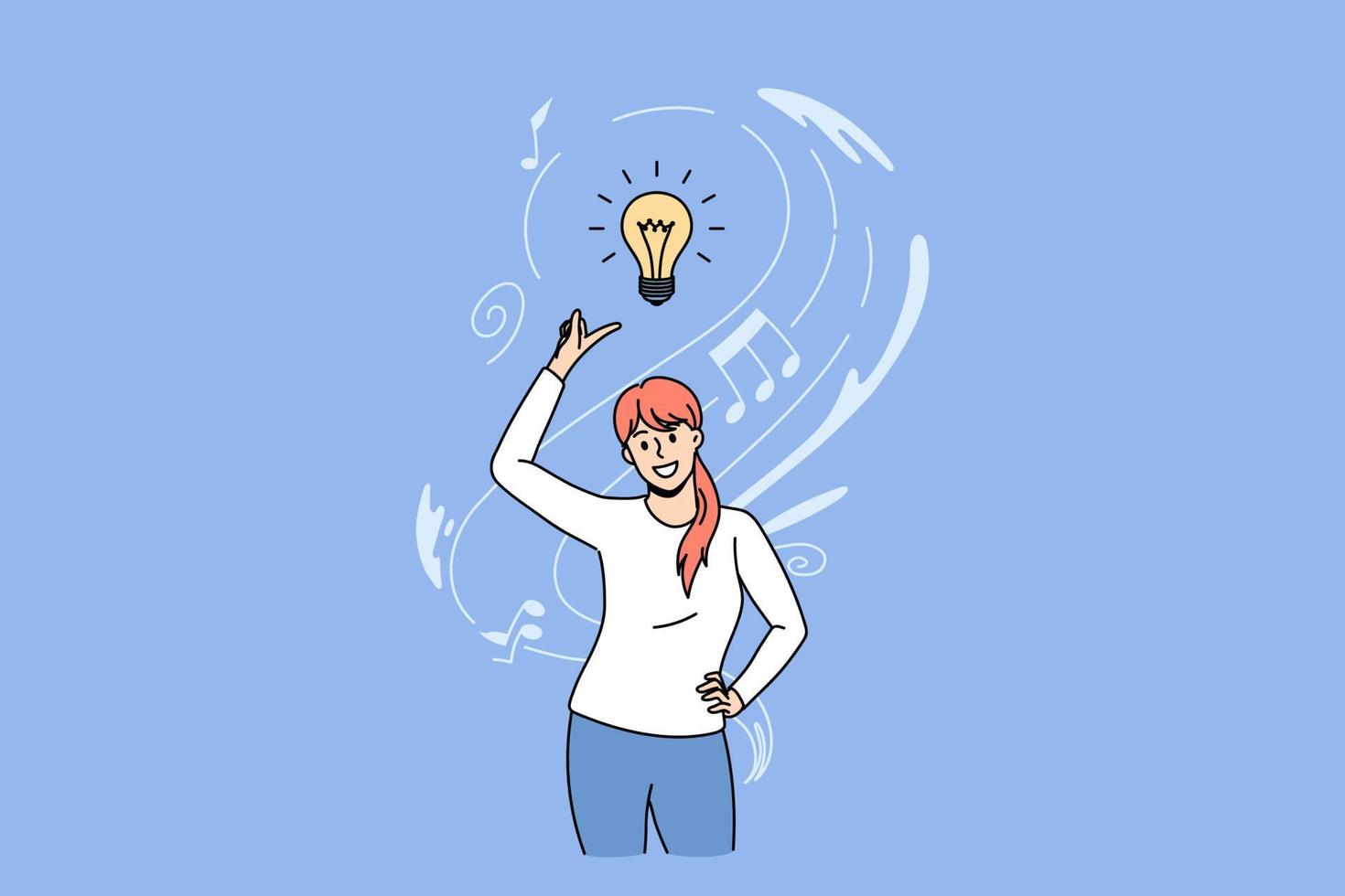 Smiling woman think brainstorm over creative idea or plan. Happy girl generate thoughts, engaged in finding solution. Creativity and innovation, problem solved concept. Flat vector illustration.