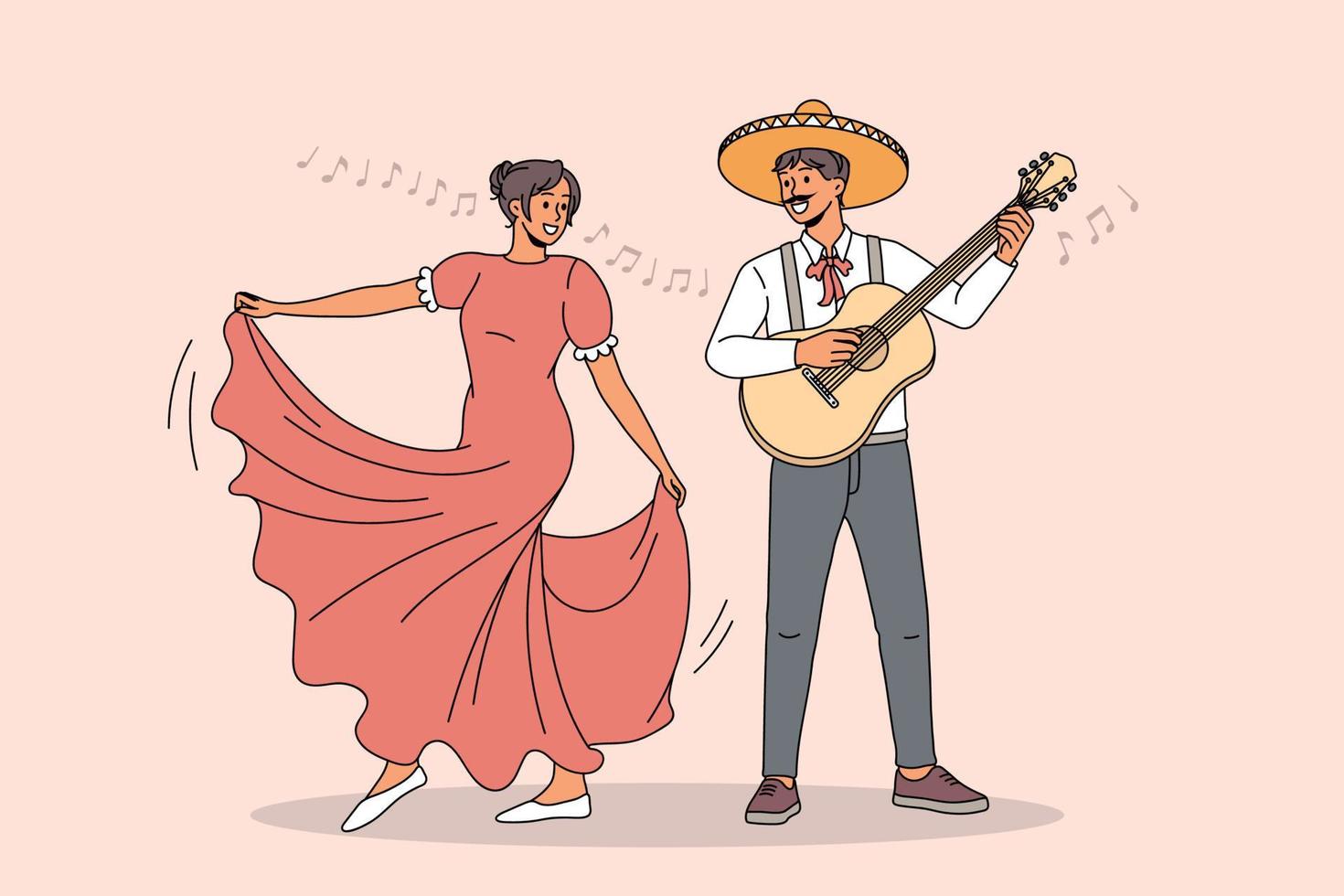 Mexican man and woman in traditional clothes dance to guitar music. Happy Latino people dancers have fun enjoy cultural folk celebration. Fiesta, music festival concept. Flat vector illustration.