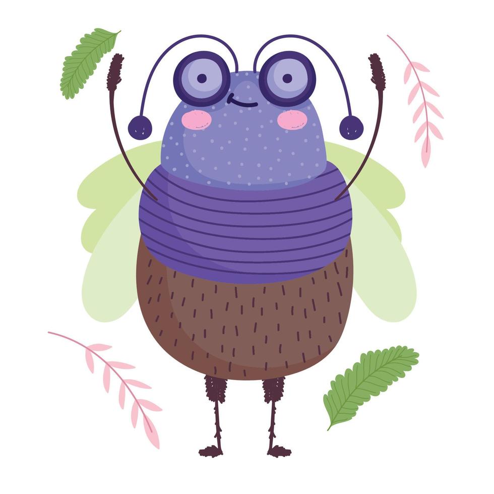 funny bug animal and foliage in cartoon style vector