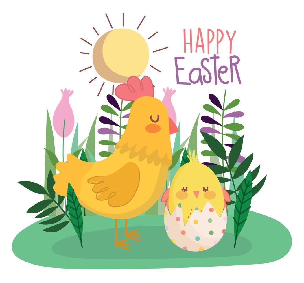 happy easter hen and chicken in eggshell grass flowers decoration vector