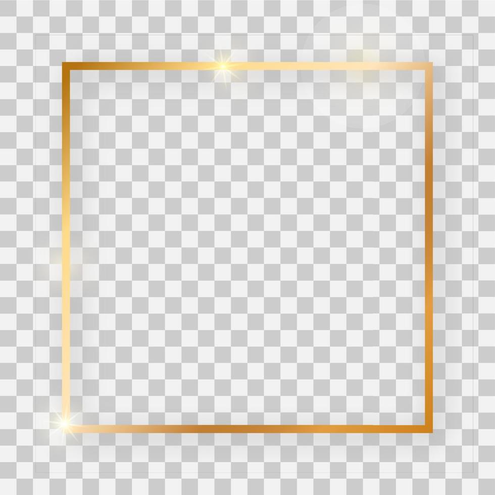 Gold shiny square frame with glowing effects and shadows. Vector illustration