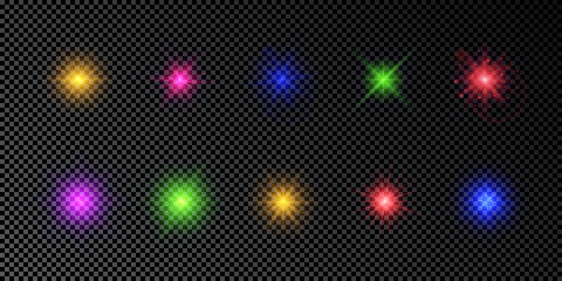 Light effect of lens flares. Set of multicolor glowing lights starburst effects with sparkles on a dark transparent background. Vector illustration