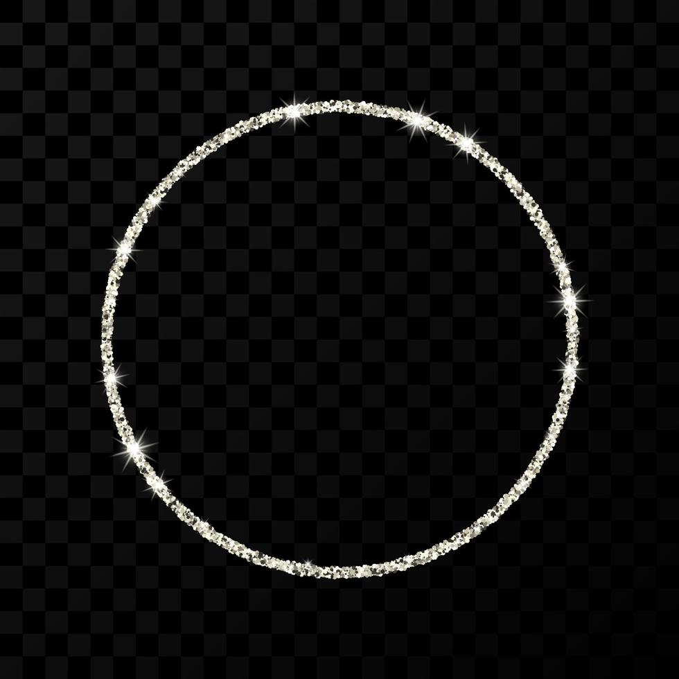 Silver glitter frame. Circle frame with shiny stars and sparkles. Vector illustration