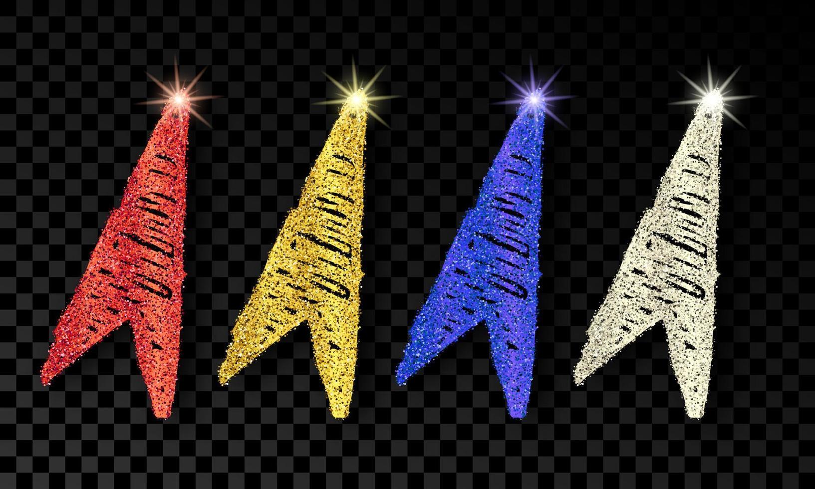 Set of four doodle hand drawn arrows with gold, silver, blue and red glitter effect on dark transparent background. Vector illustration