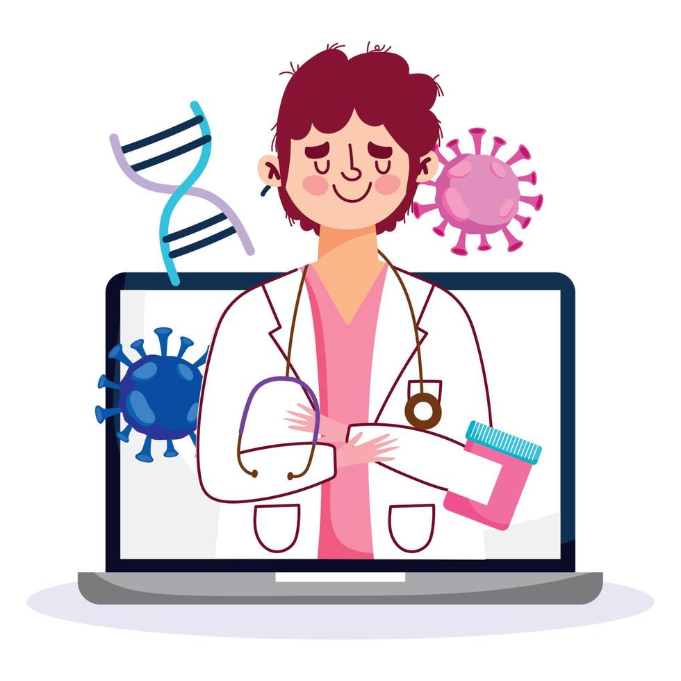 online health, doctor with laptop and medicine prescription covid 19 pandemic vector