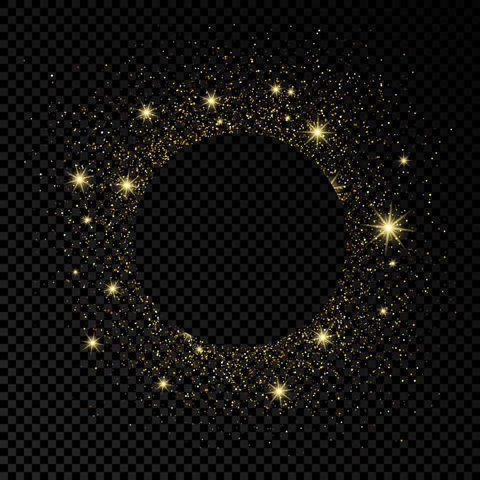 Round frame with golden glitter on dark transparent background. Empty white background. Vector illustration.