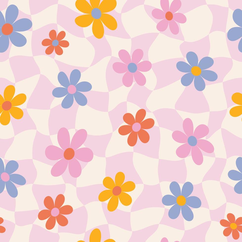 1970s retro daisy seamless pattern on pink distorted checkered background. Hippie aesthetic. Vector illustration. Flat Design. Kids graphic cover or sticker.