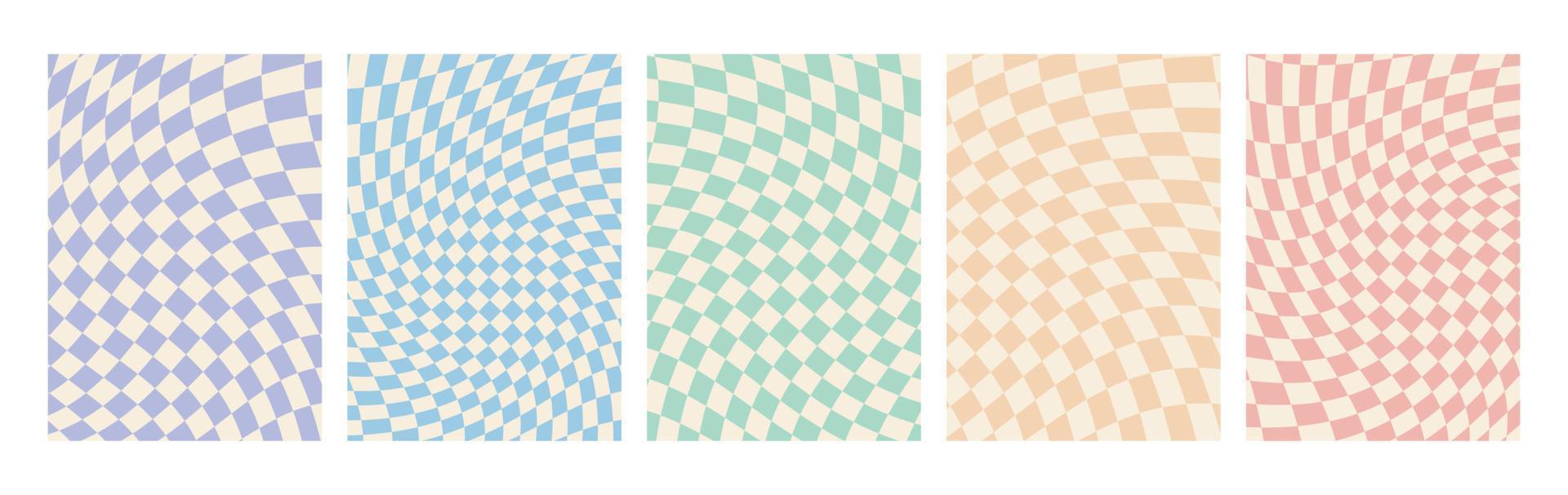 A set of chessboard backgrounds in pale pastel colors. Clockwork chessboard pattern in hippie style. Retro psychedelic design of the 70s. A collection of vector wallpapers in a cage.