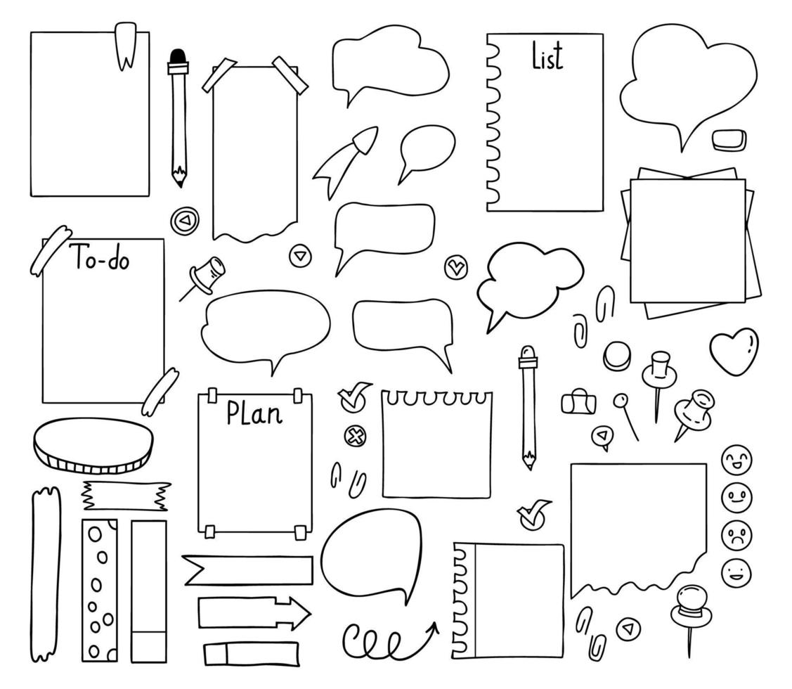Notebook labels. Collection of stationery sheets, planners, to do list, reminder, notepaper, paperclips and stickers. Vector Isolated hand drawn doodles.