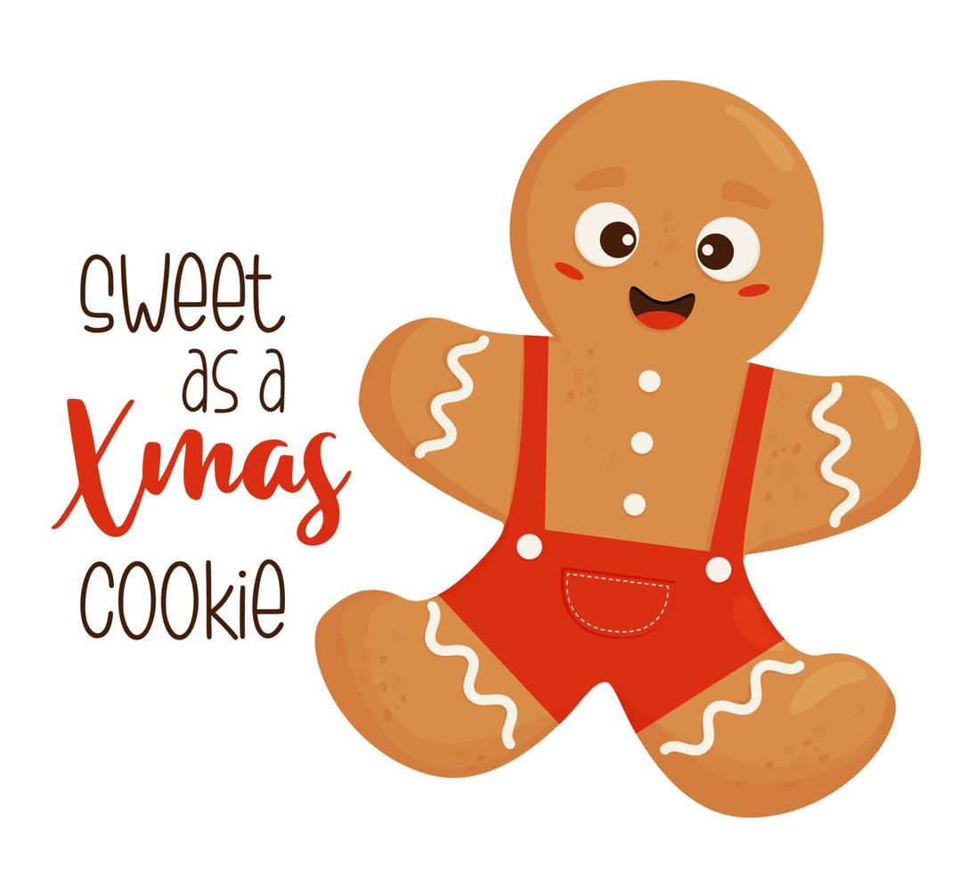 tarjeta con hombre de pan de jengibre de navidad e inscripción fresca dulce como una galleta de navidad. ilustración vectorial afiche de color galleta para el diseño de sus tarjetas navideñas, impresión y decoración. vector