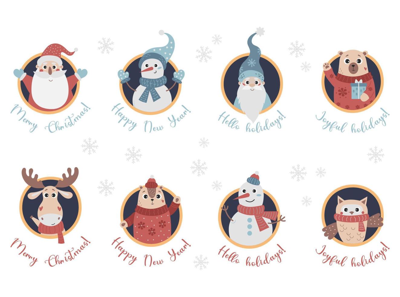 Christmas cute characters avatars in round frame with congratulations. Santa Claus, gnome, snowman, animals in knitted clothes. Isolated vector cartoon characters for New Years design and decor.