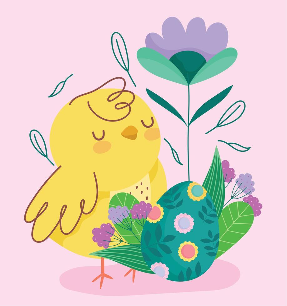 feliz pascua lindo pollo con huevo decorado con flores hojas vector