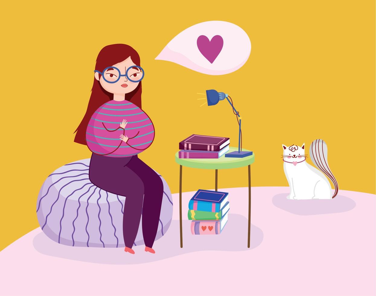 book day, teen girl sitting with books lamp and vector