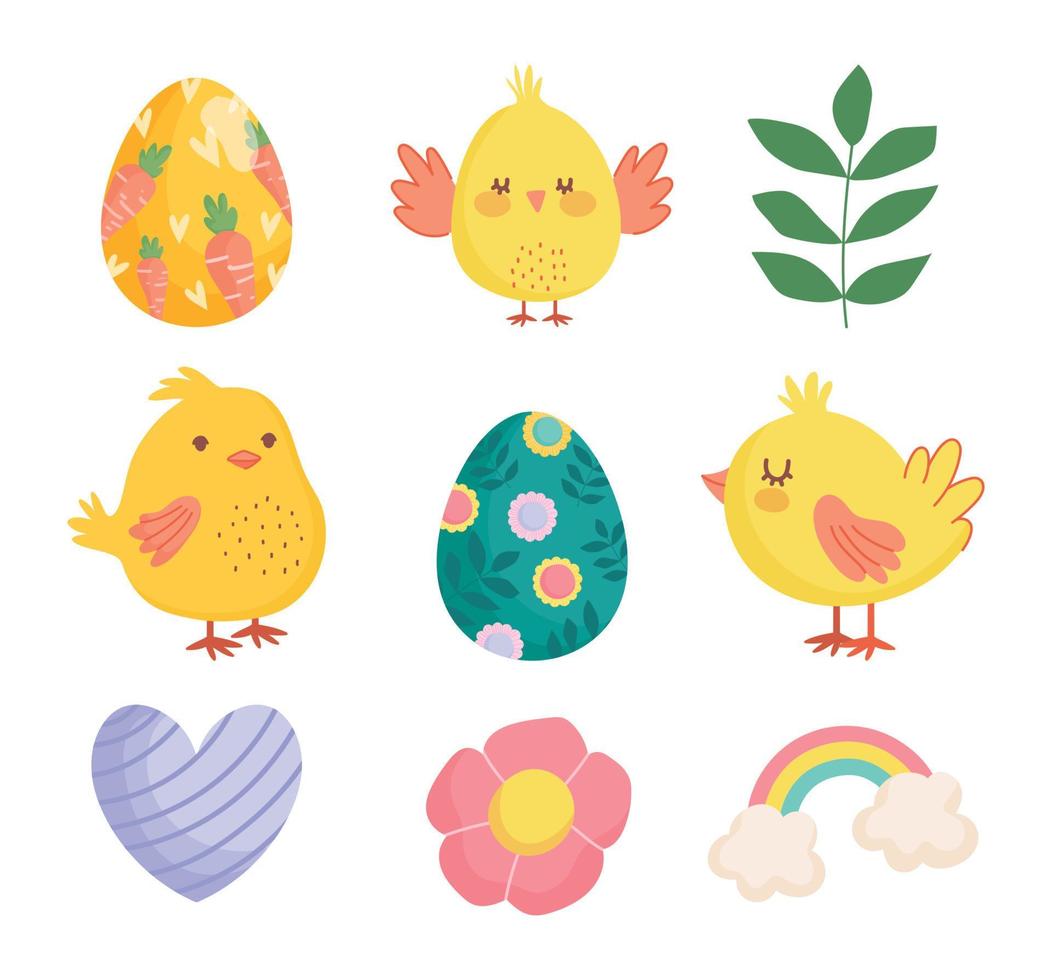 felices pascuas lindas gallinas huevos flor corazón arcoíris decoración vector