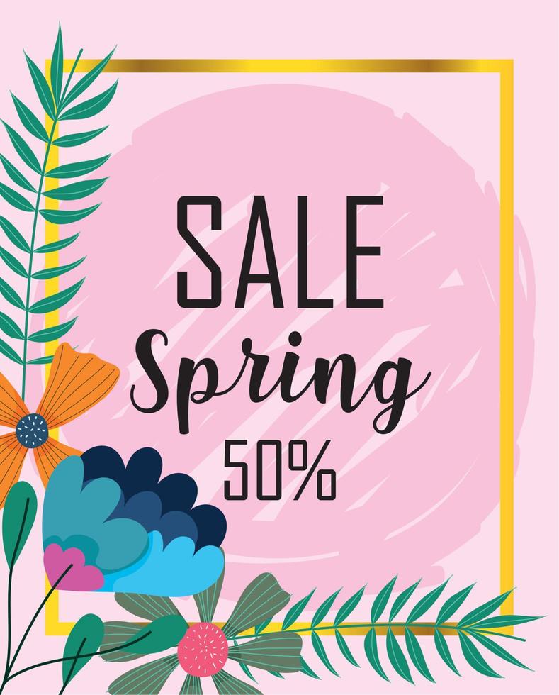 spring sale, discount coupon flowers foliage decoration card vector
