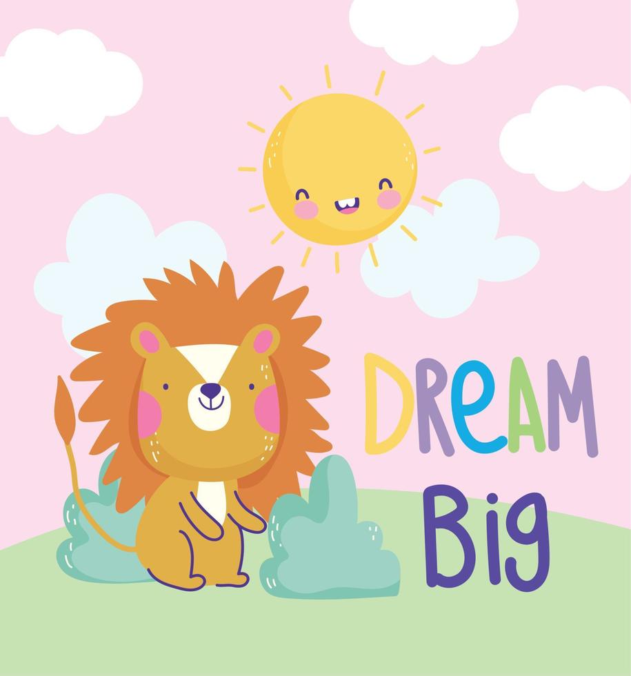 pequeño león hierba sol nube dibujos animados lindo texto vector