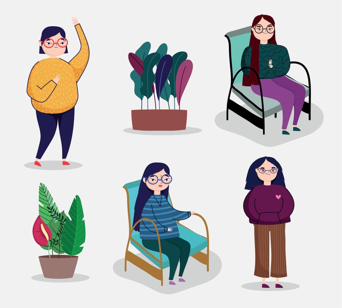 personas, mujeres personaje silla maceta planta ocio iconos vector