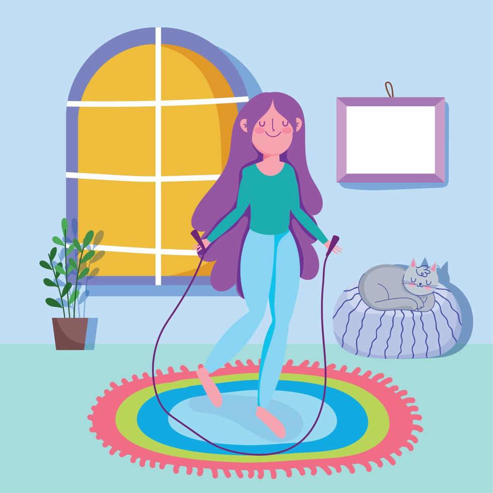 young woman jumping rope activity sport exercise at home vector