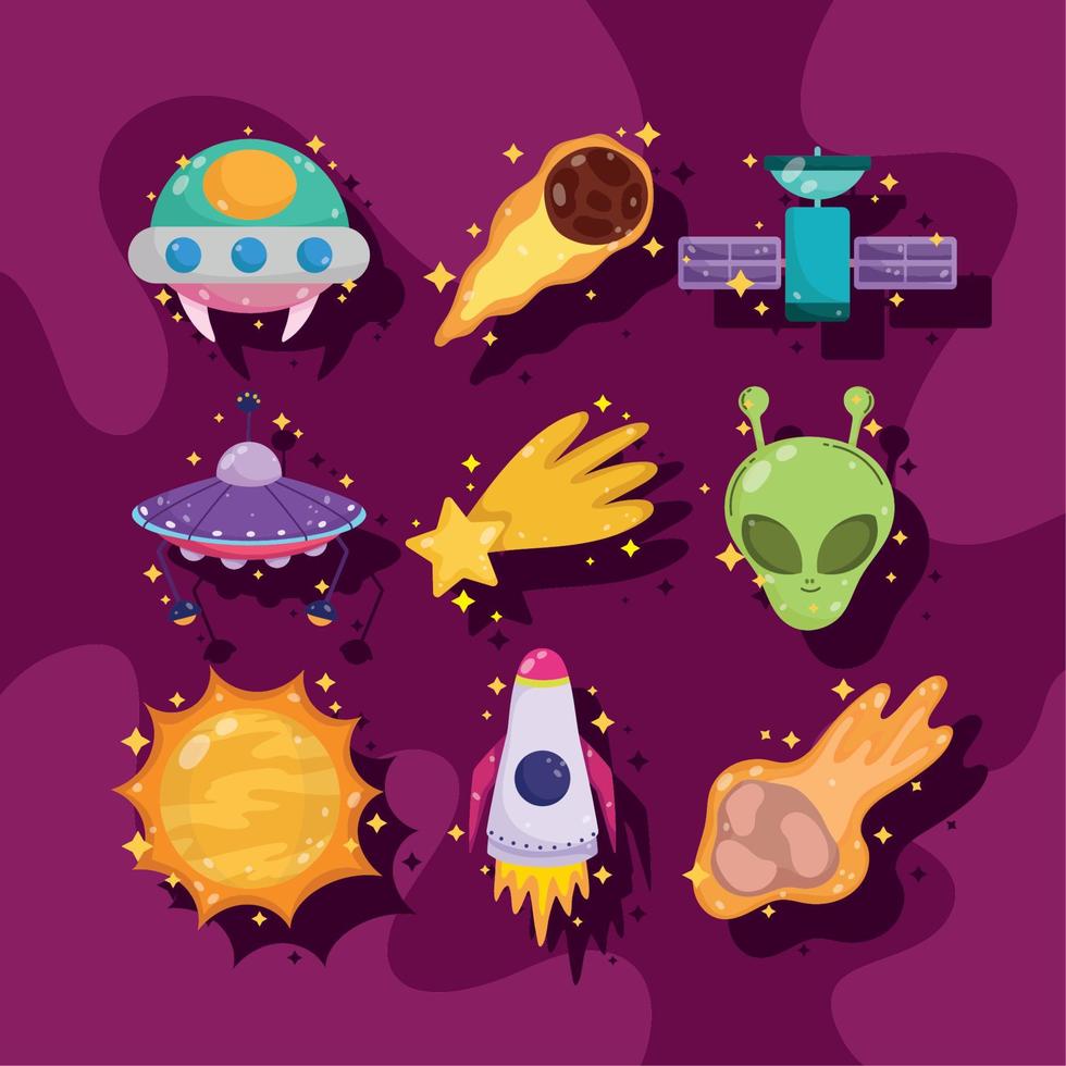 space galaxy astronomy cartoon ufo satellite alien sun with shadow icons vector