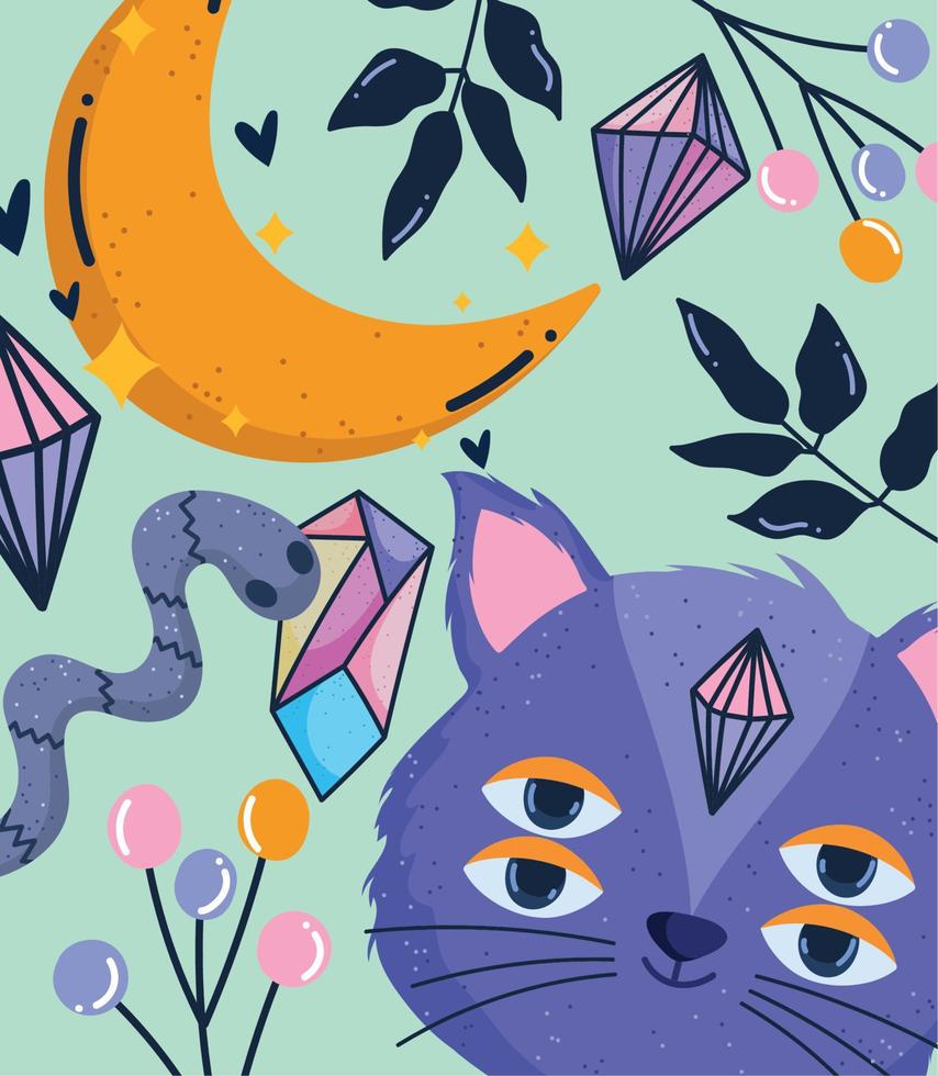 magic cat moon snake esoteric astrology cartoon vector