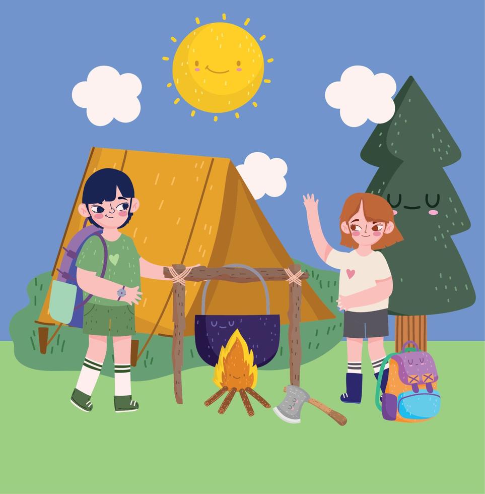 camping, tienda de campaña para niños y niñas y olla en estilo de dibujos animados de hoguera vector