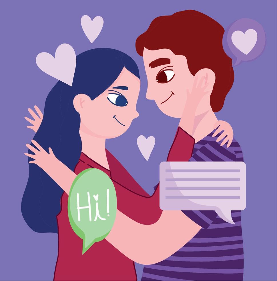 couple hugging and smiling love romance talk bubbles cartoon vector