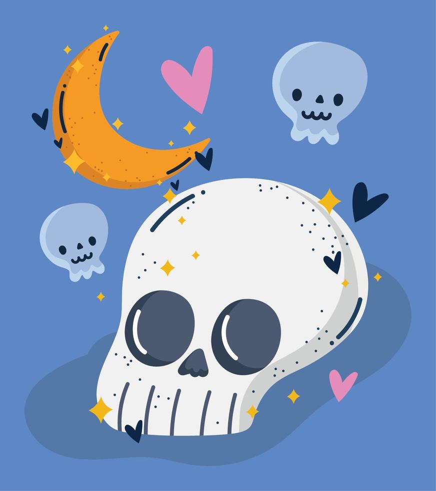 dibujos animados mágicos calaveras luna mística fantasía diseño vector