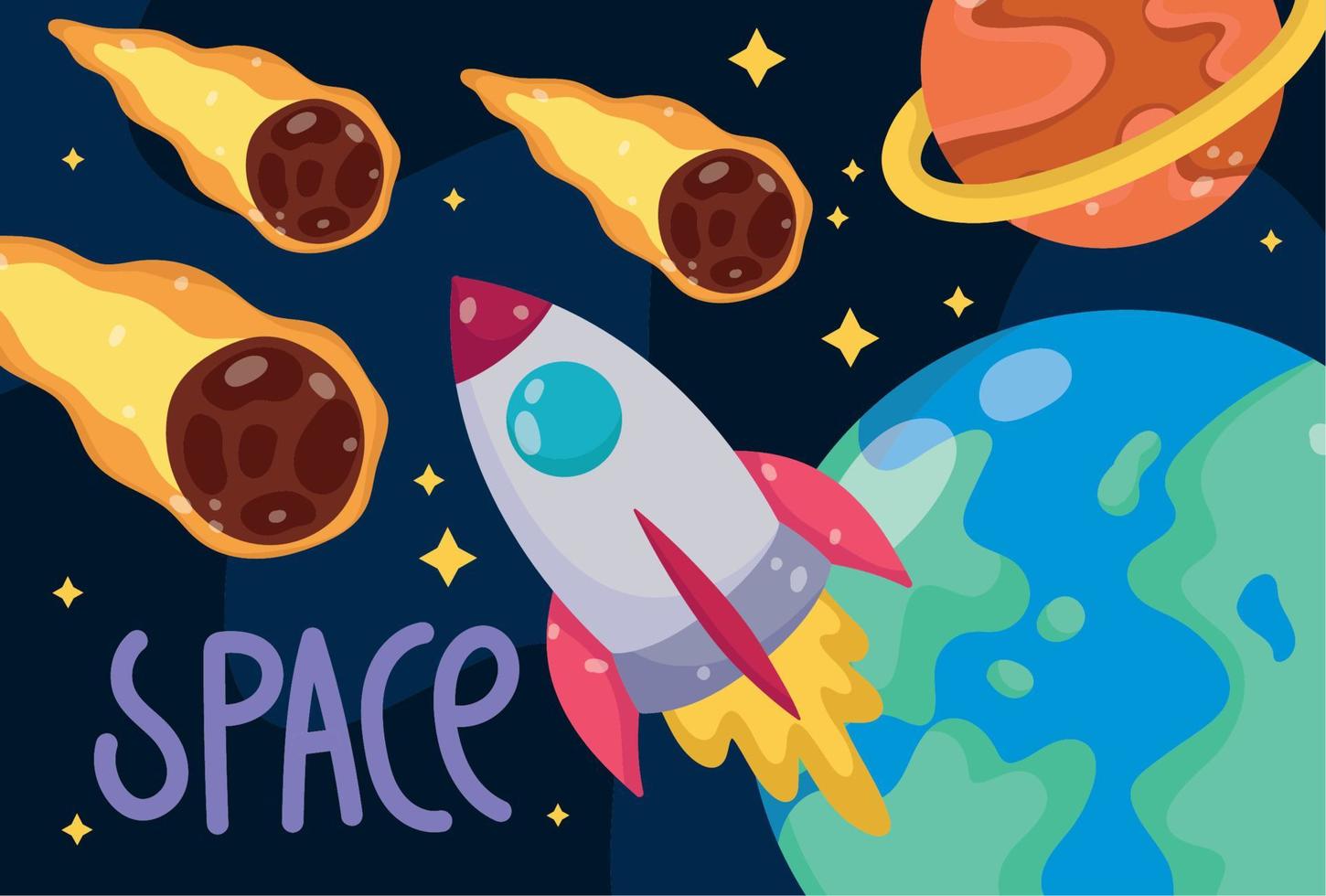 space comets down earth and rocket galaxy astronomy in cartoon style vector