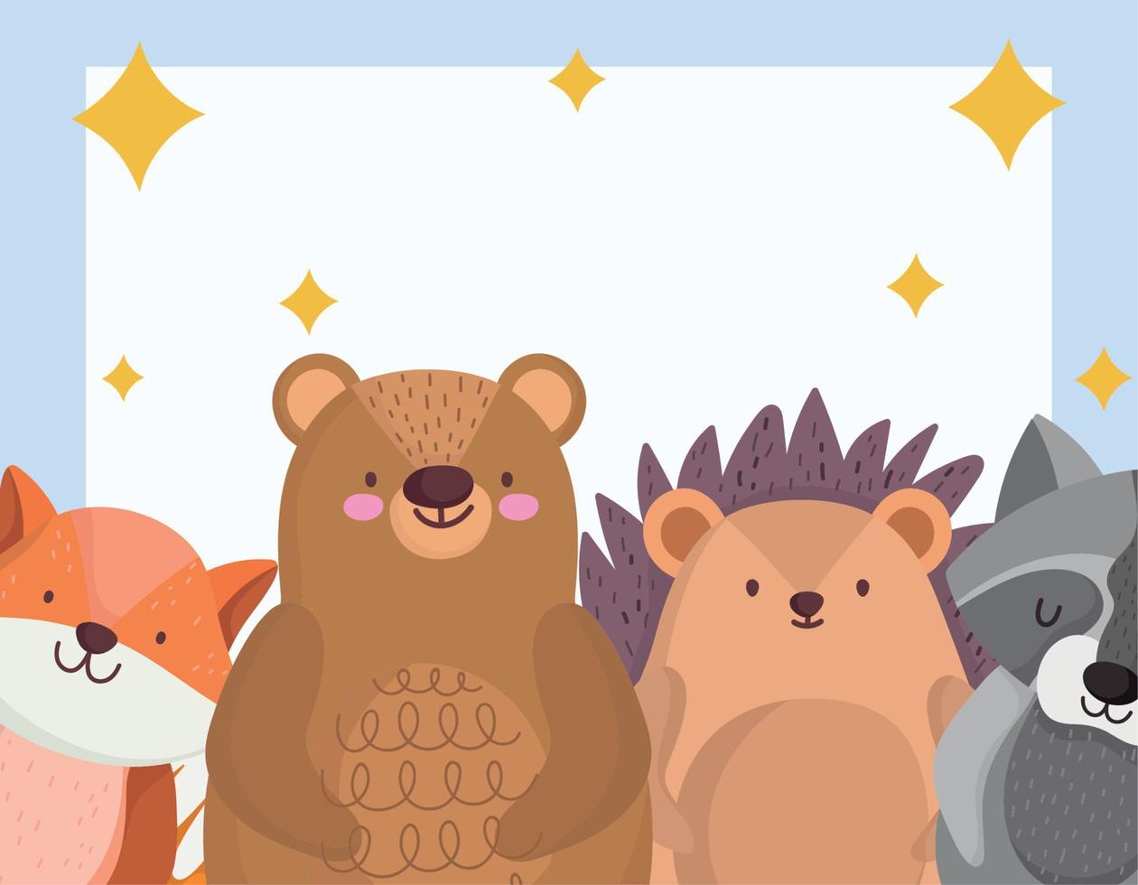 navidad lindo oso zorro erizo y mapache tarjeta de dibujos animados de animales vector