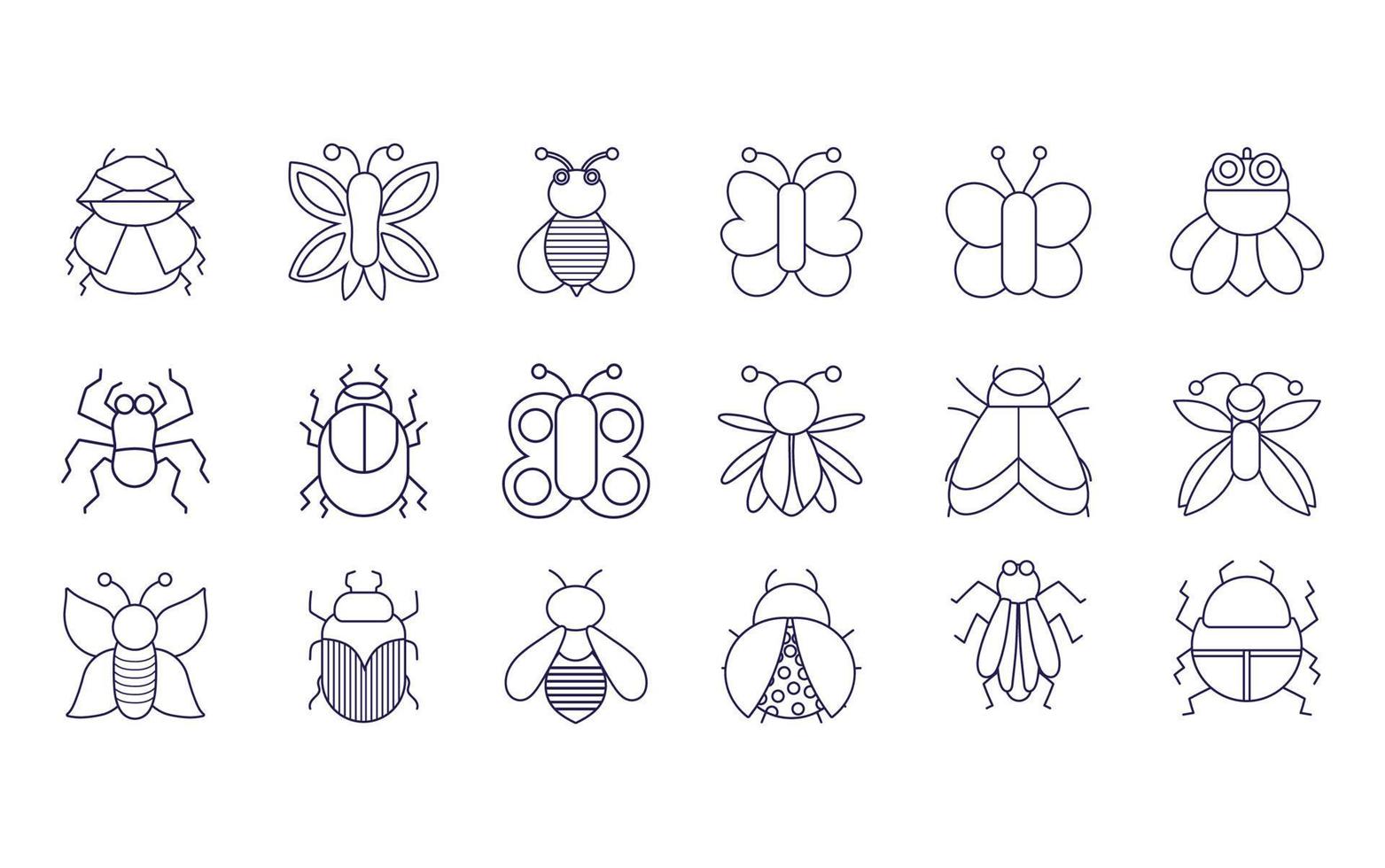 lindos insectos animales pequeña fauna en iconos de línea delgada vector