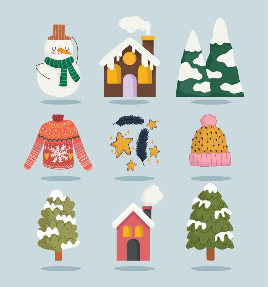 winter snowman house snow mountain tree sweater icons set cartoon vector
