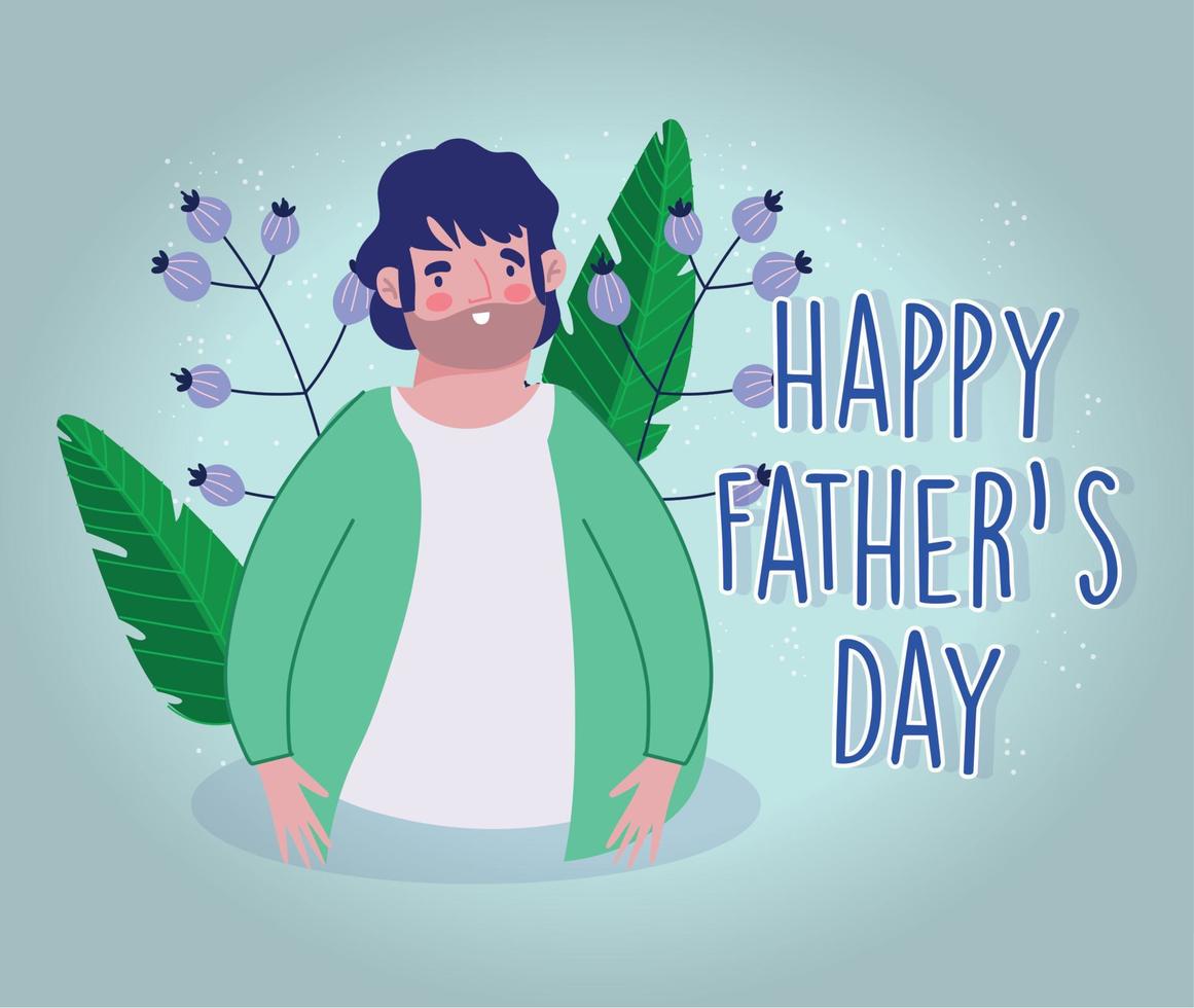 happy fathers day, dad cartoon with flowers decoration vector