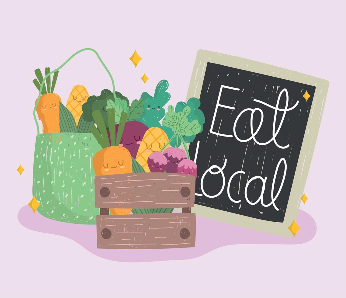 eat local board, wood basket and eco bag with vegetables fresh food cartoon vector