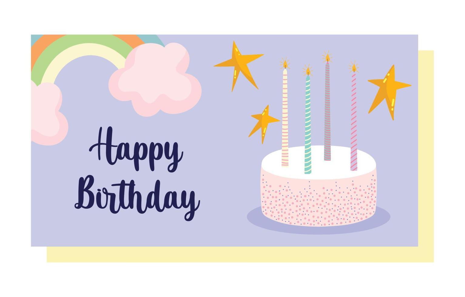 feliz cumpleaños, pastel dulce con velas y tarjeta de decoración de celebración de dibujos animados de arco iris vector
