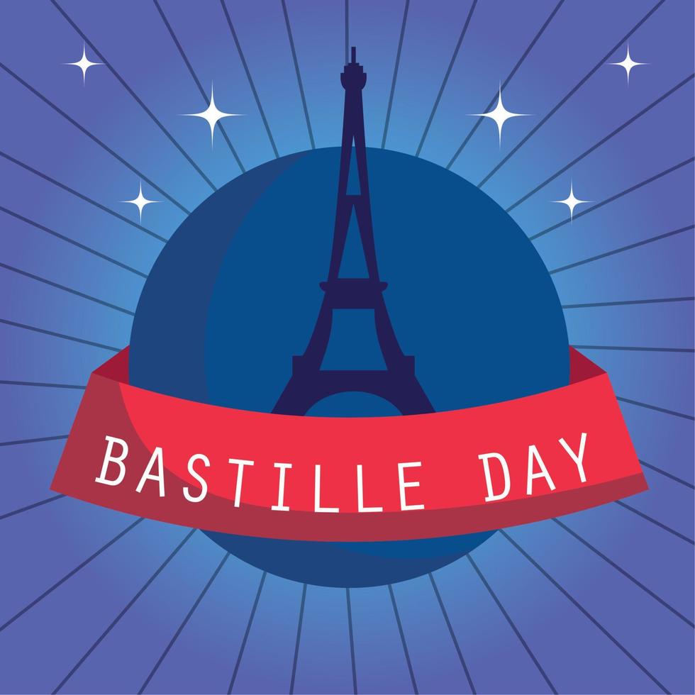 torre eiffel de francia con cinta de feliz día de la bastilla diseño vectorial vector