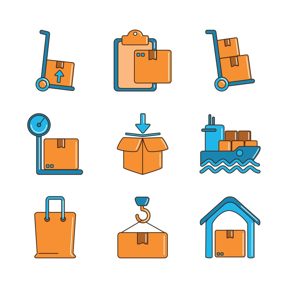 delivery cargo shipping distribution logistic icons set line and fill vector