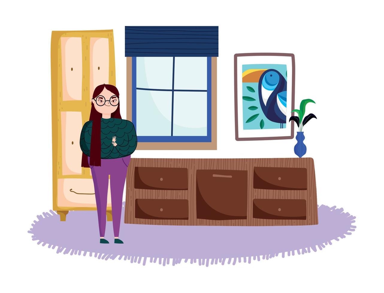 mujer en la habitación con cajones ocio vector