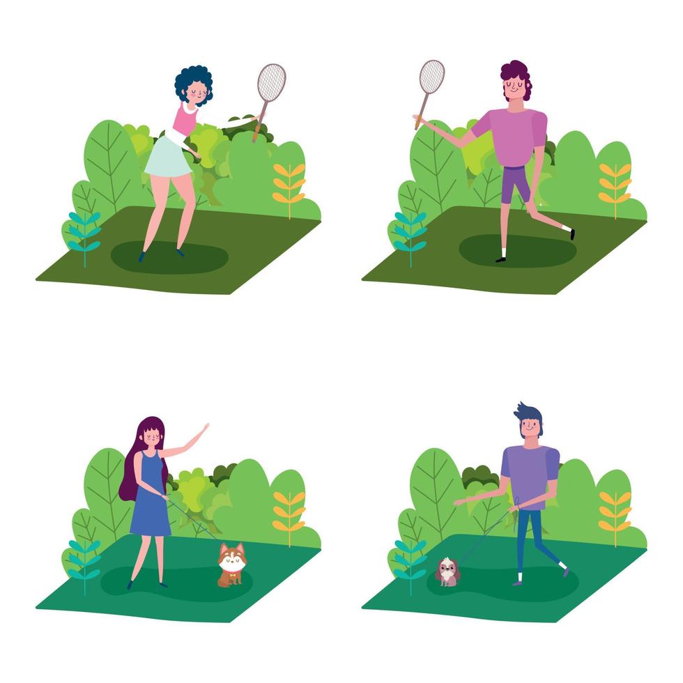 couples walking with dogs and outdoor healthy life vector
