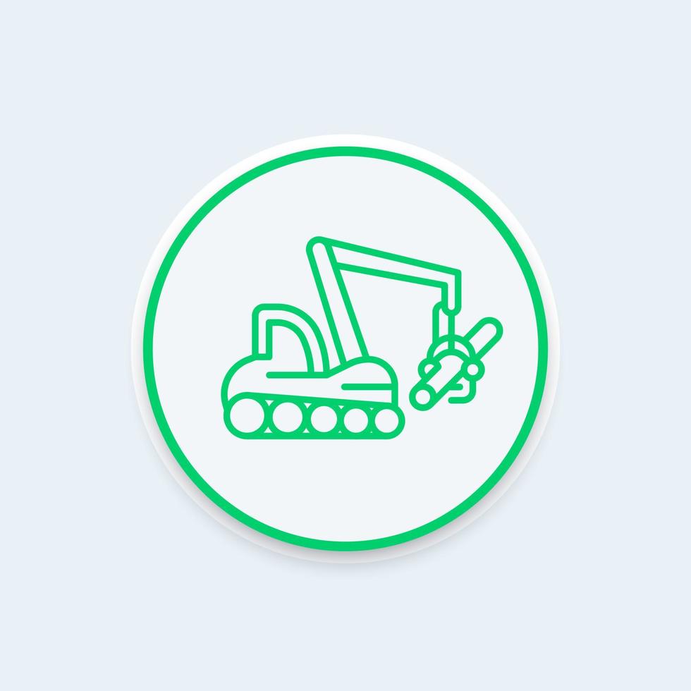 Forest harvester line icon on round shape, timber harvesting machine, tree harvester linear sign, vector illustration