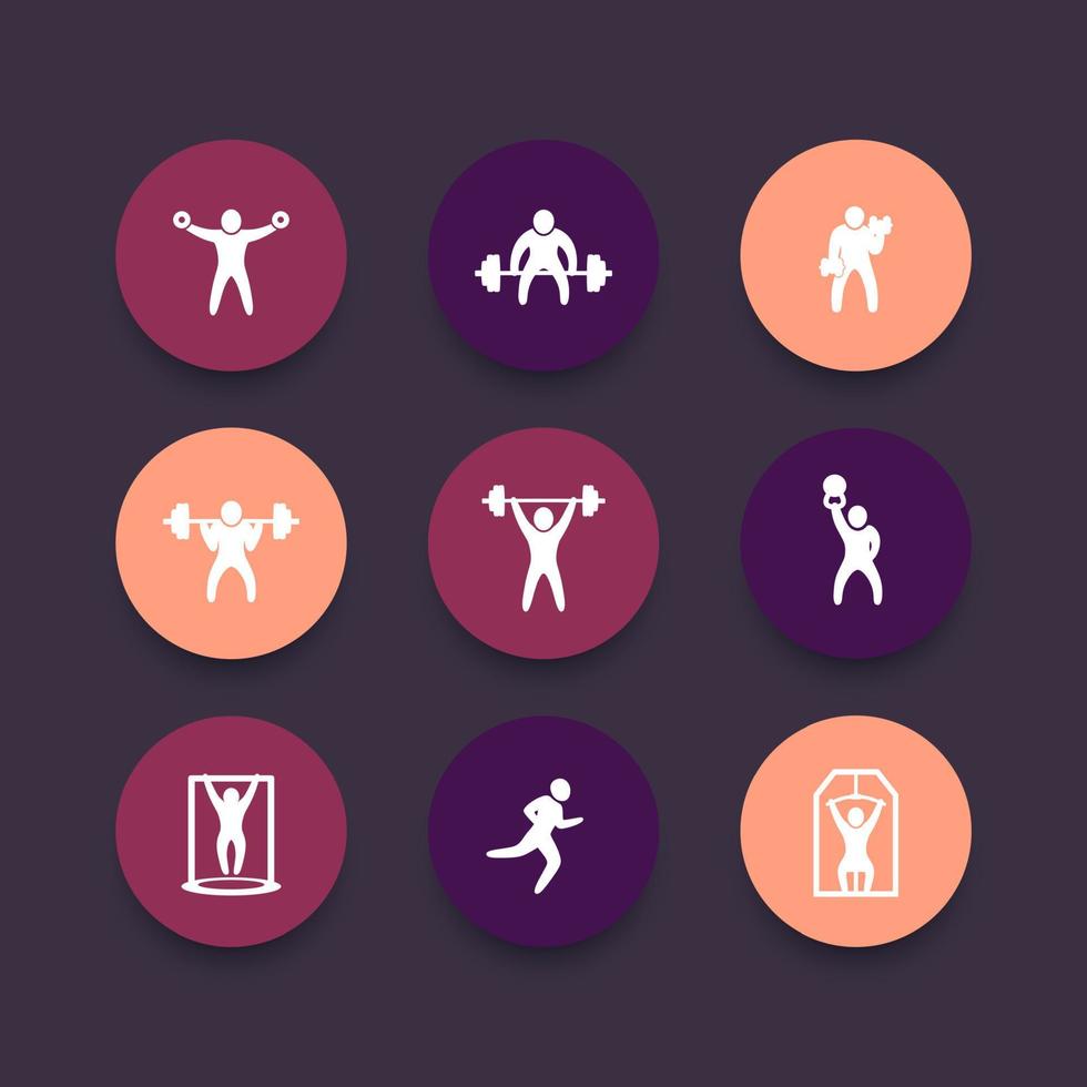 gimnasio, iconos de ejercicios de fitness, entrenamiento de gimnasia, entrenamiento, fitness, ejercicios de pictogramas redondos, ilustración vectorial vector
