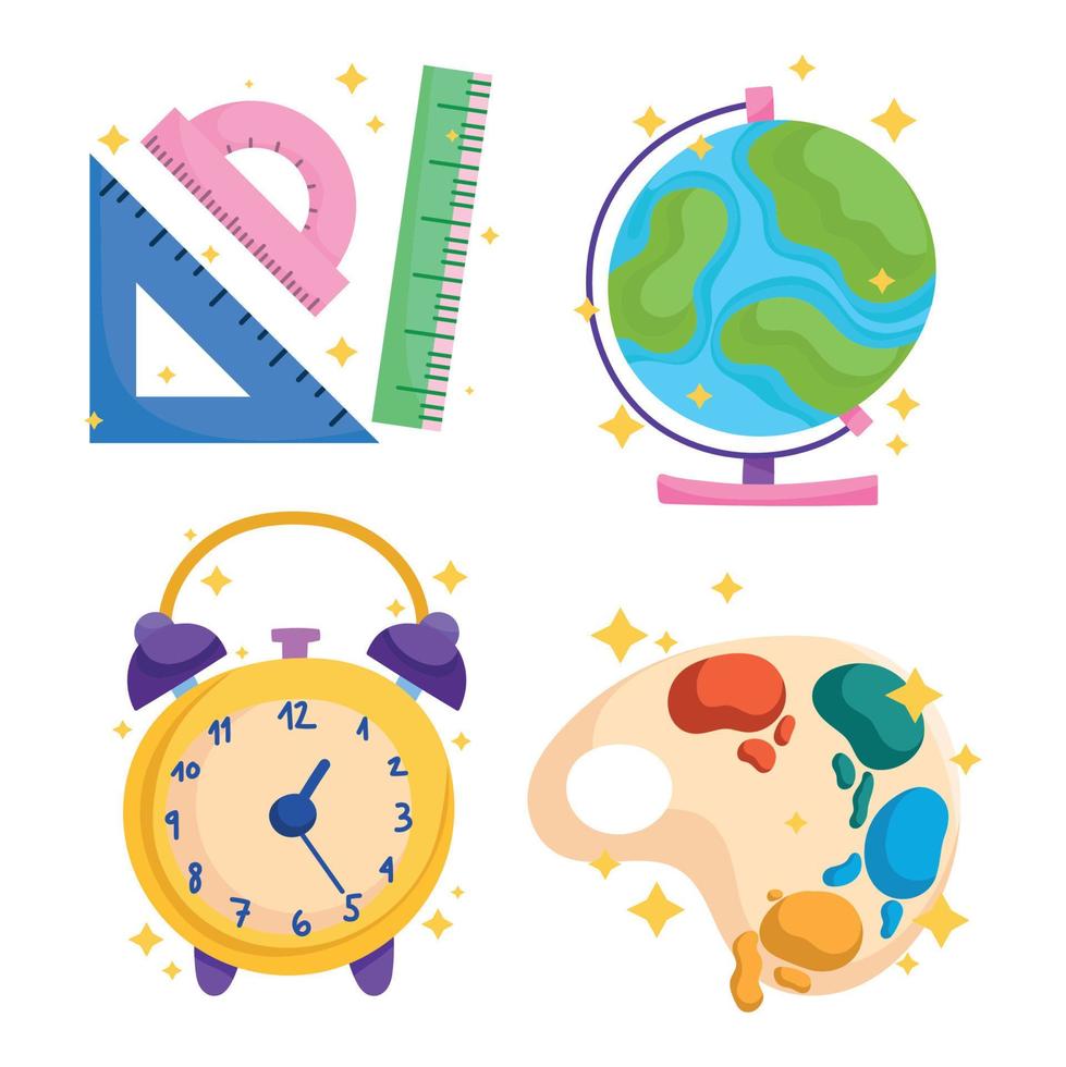 back to school, globe map clock paint palette color icons vector